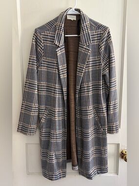 MELLODAY Plaid Open-Front Coat in Gray and Brown